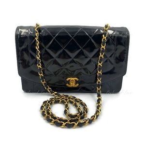 Authentic CHANEL Black Patent Leather Medium Diana Flap Crossbody Bag Gold hardw